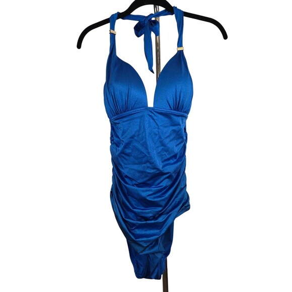 Victoria Secret Swimsuit Womans Large Blue Forever One Piece Halter Ruched Beach - Picture 1 of 6